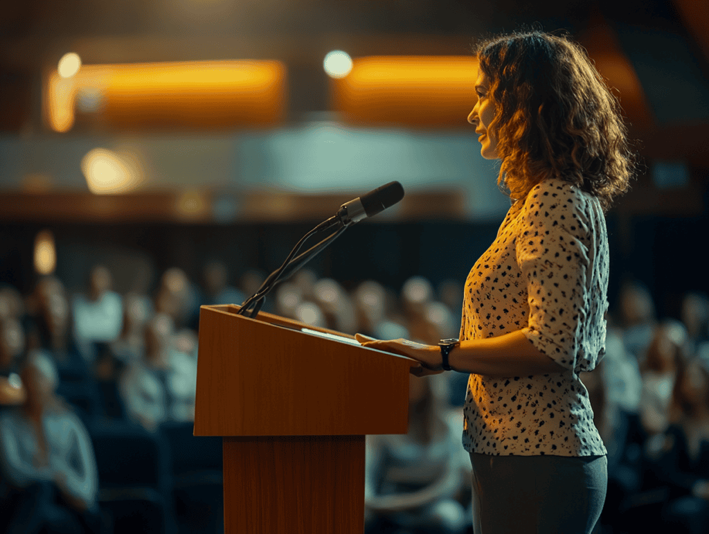 Conférencière experte, prise de parole personnes handicapées en entreprise, face à un auditoire attentif.