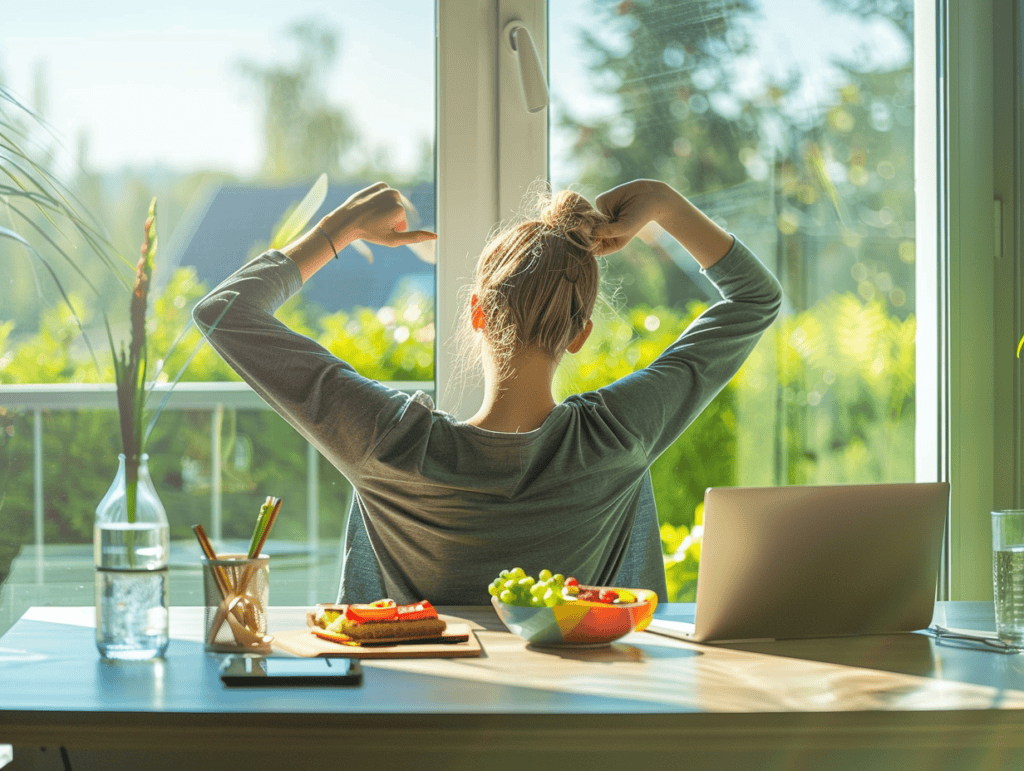 Salarié s'étirant à son bureau au soleil, repas équilibré à côté, symbole d'énergie retrouvée face à la fatigue au travail