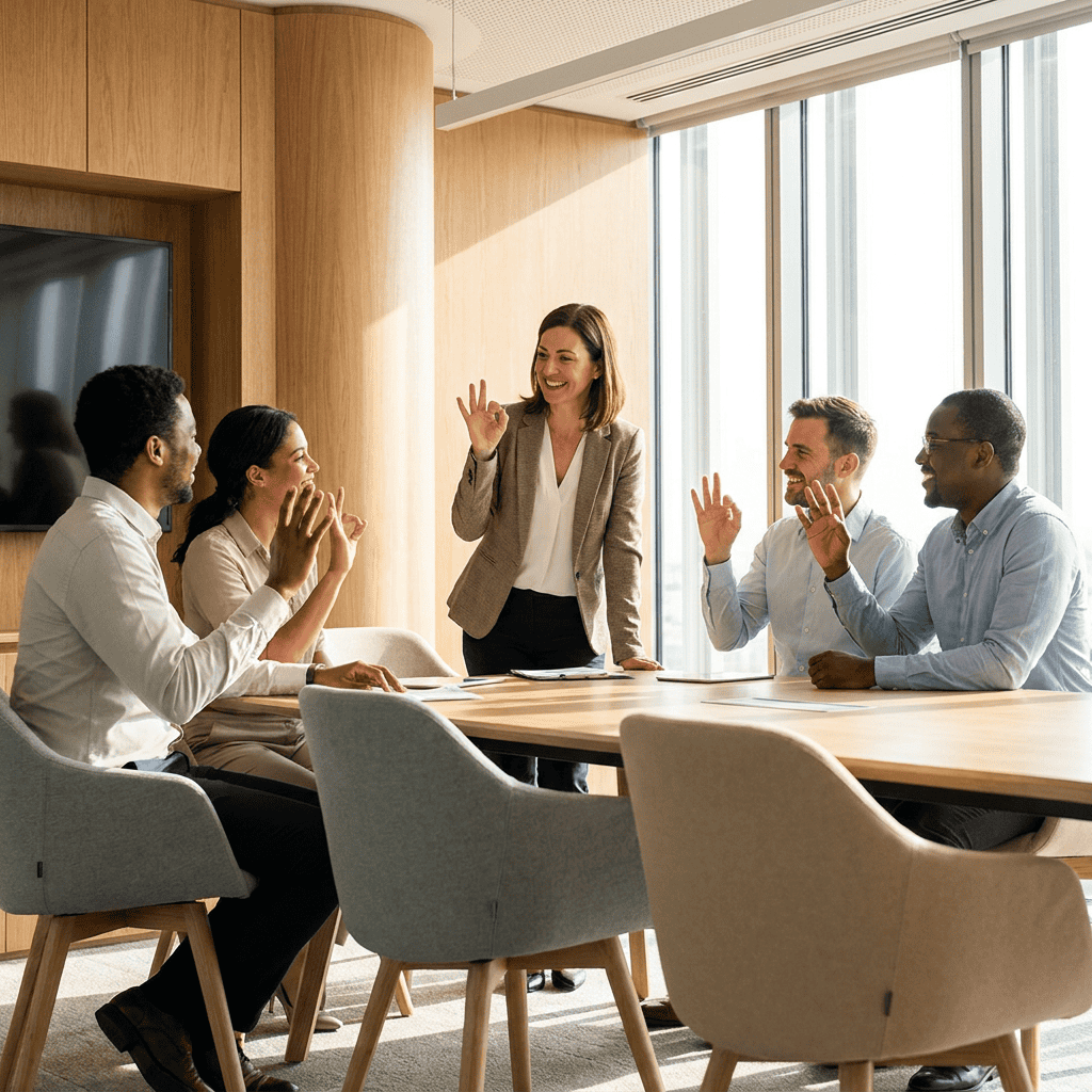 Agents d'accueil apprenant les salutations en langue des signes lors d'une formation à l'accueil des personnes handicapées