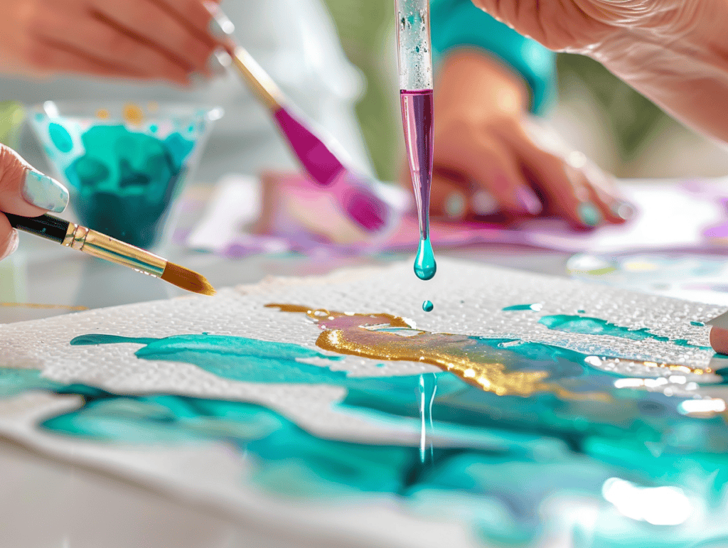 Mains déposant de l'aquarelle liquide à la pipette sur papier lors d'un atelier créatif